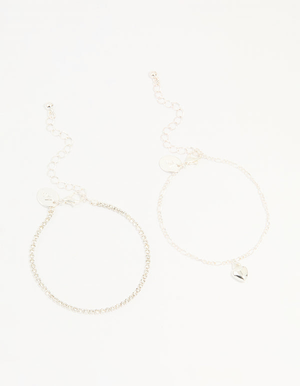 Silver Diamante Tennis Bracelet & Heart Bracelet 2-Pack