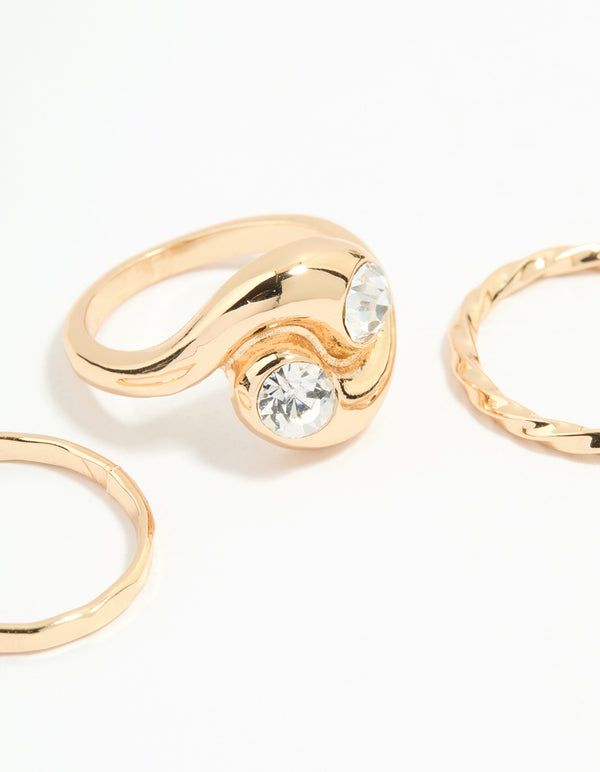 Gold Plated Thick Diamante Twisted Rings 3-Pack