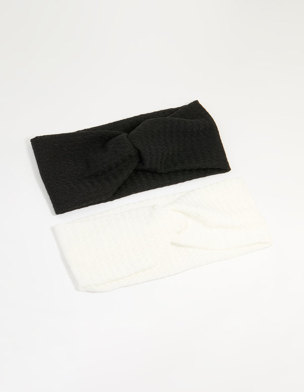 White & Black Fabric Textured Twist Stretch Headbands 2-Pack