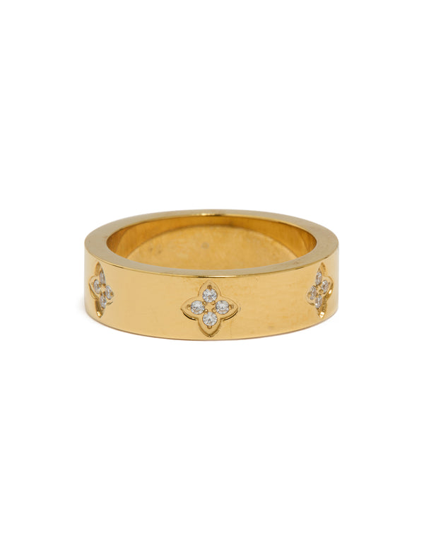 Beautiful waterproof gold plated stainless steel cubic zirconia floral band ring front view
