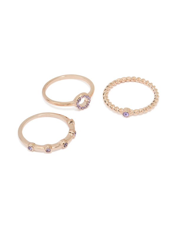 Rose Gold Purple Diamante Rings 3-Pack