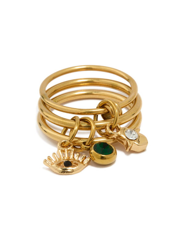 Waterproof Gold Plated Stainless Steel Evil Eye Charm Stacked Ring