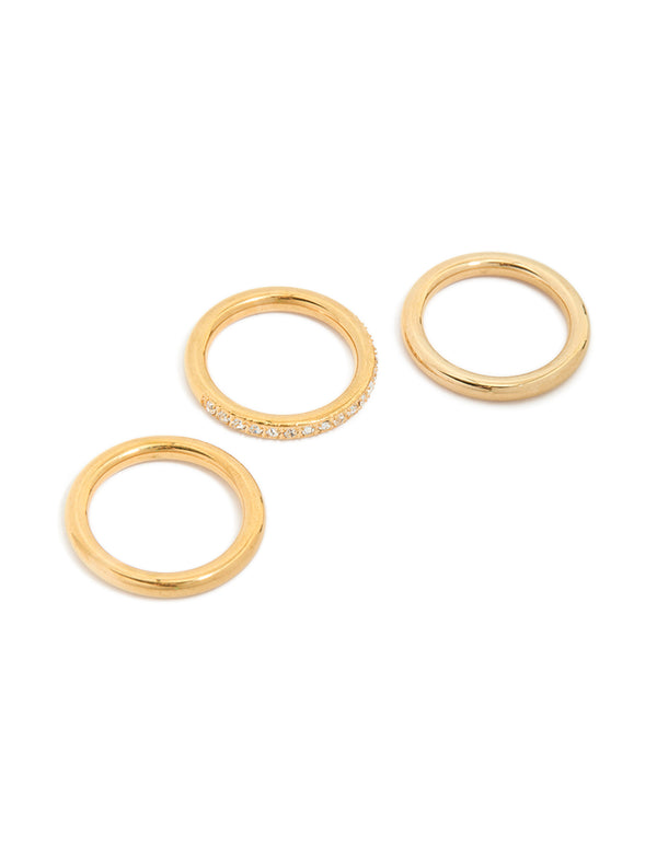 Featuring waterproof gold plated triple band stacking rings in a 3-pack front view
