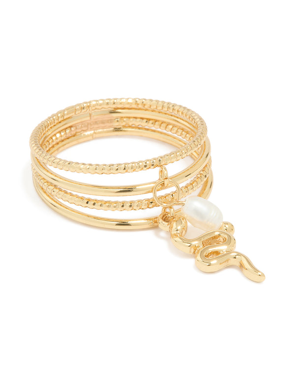 Gold Plated Pearl Snake Layered Ring