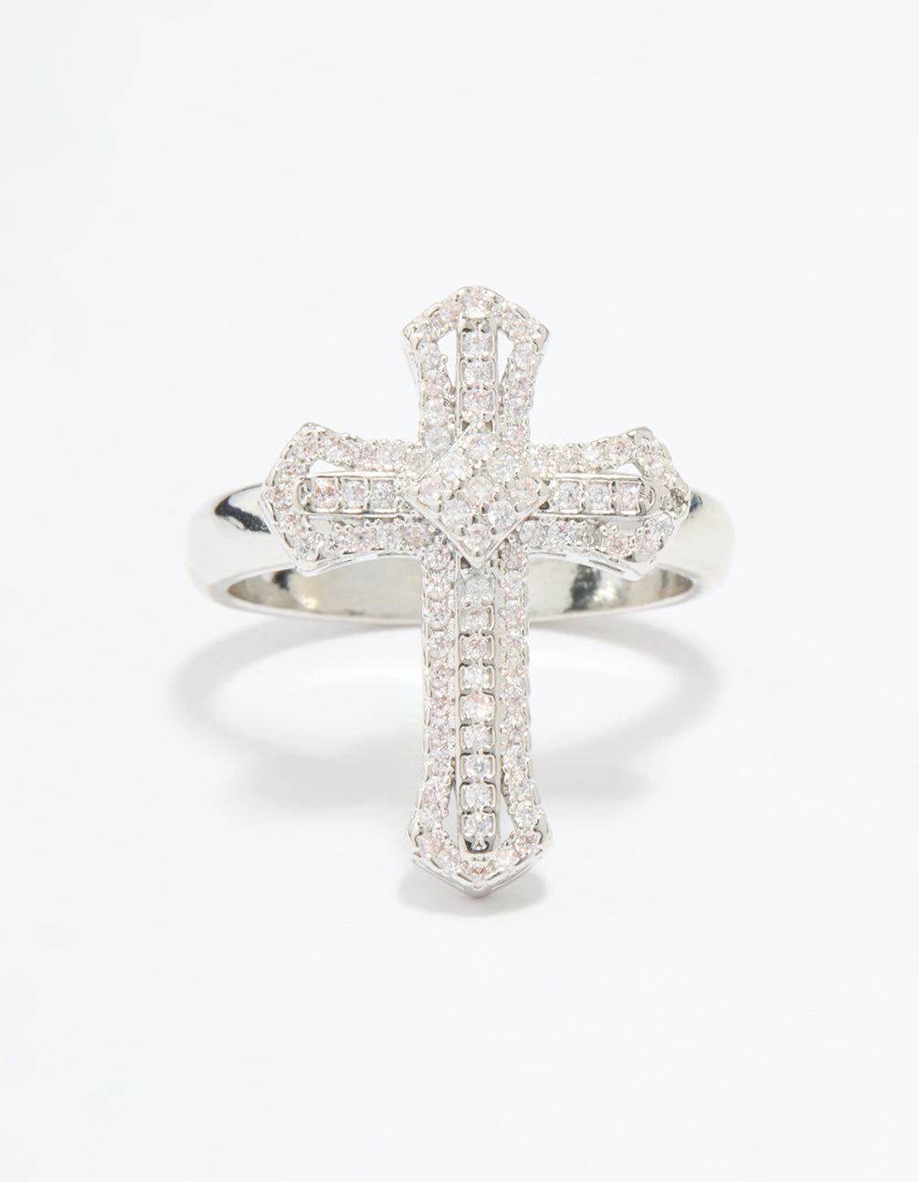 Silver Plated Cubic Zirconia Statement Cross Ring