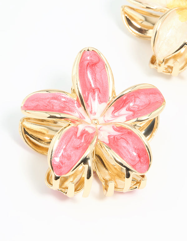 Gold Pink & Cream Enamel Frangipani Claw Clips 2-Pack