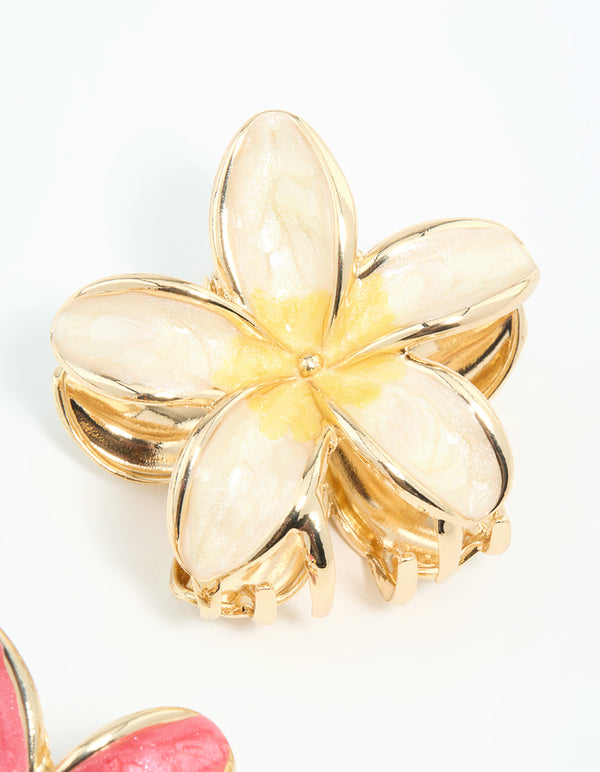 Gold Pink & Cream Enamel Frangipani Claw Clips 2-Pack