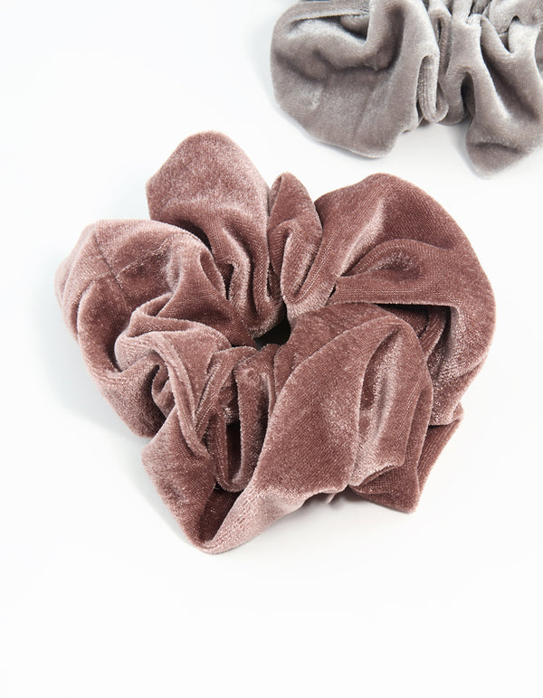 Grey & Brown Smooth Velvet Fabric Scrunchies 2-Pack