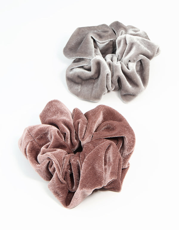 Grey & Brown Smooth Velvet Fabric Scrunchies 2-Pack