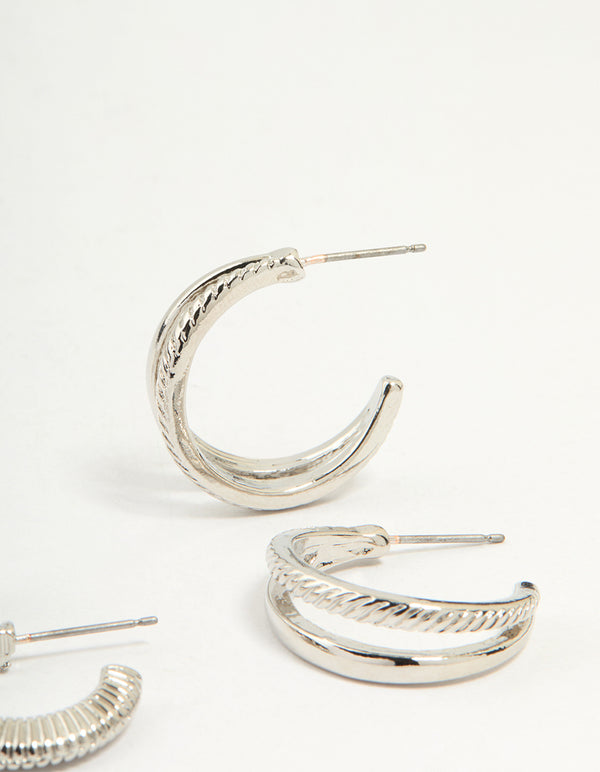 Silver Smooth & Ribbed Hoop Earrings 3- Pack