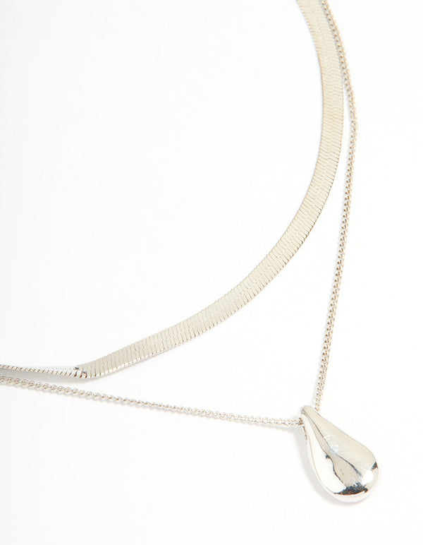 Silver Snake Chain & Organic Pendant Layered Necklace
