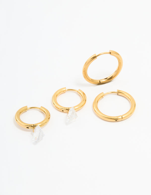 Waterproof Gold Plated Stainless Steel Cubic Zirconia Droplet & Sleek Hoop Earrings 2-Pack