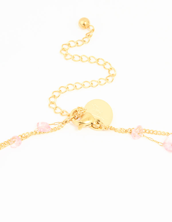 Waterproof Gold Plated Stainless Steel Pink Semiprecious Stone & Chain Layered Necklace