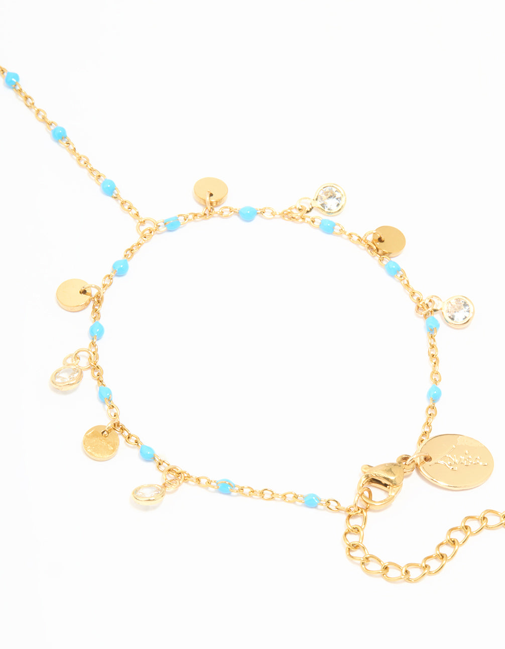 Waterproof Gold Plated Stainless Steel Blue Bead & Disc Hand Chain