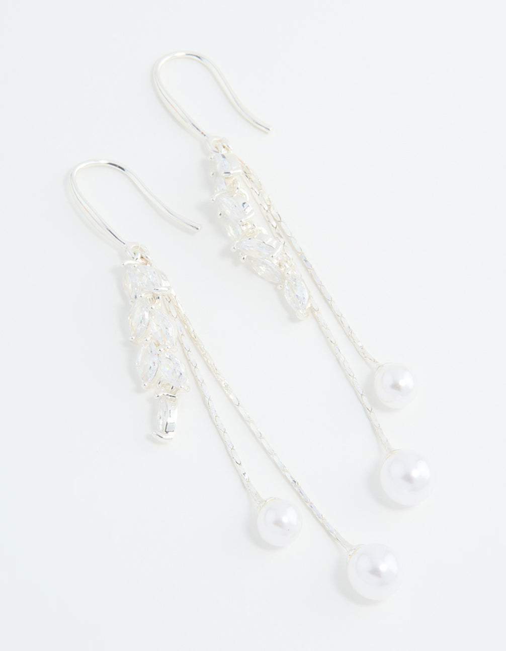 Silver Plated Cubic Zirconia Pearl Leaf Drop Hook Earrings