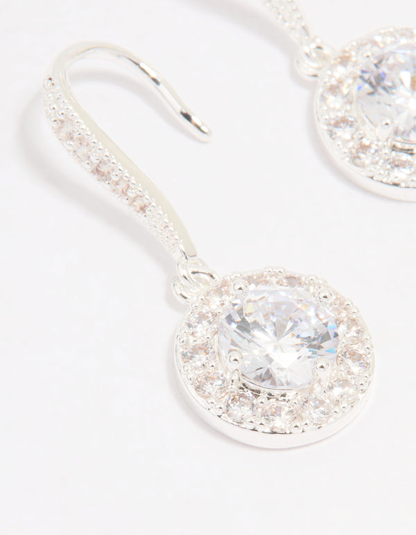 Silver Plated Cubic Zirconia Round Halo Drop Earrings