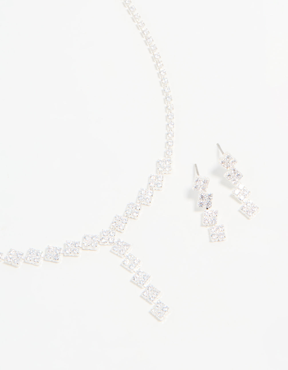 Silver Plated Cubic Zirconia Diamond Shaped Necklace & Earrings Set
