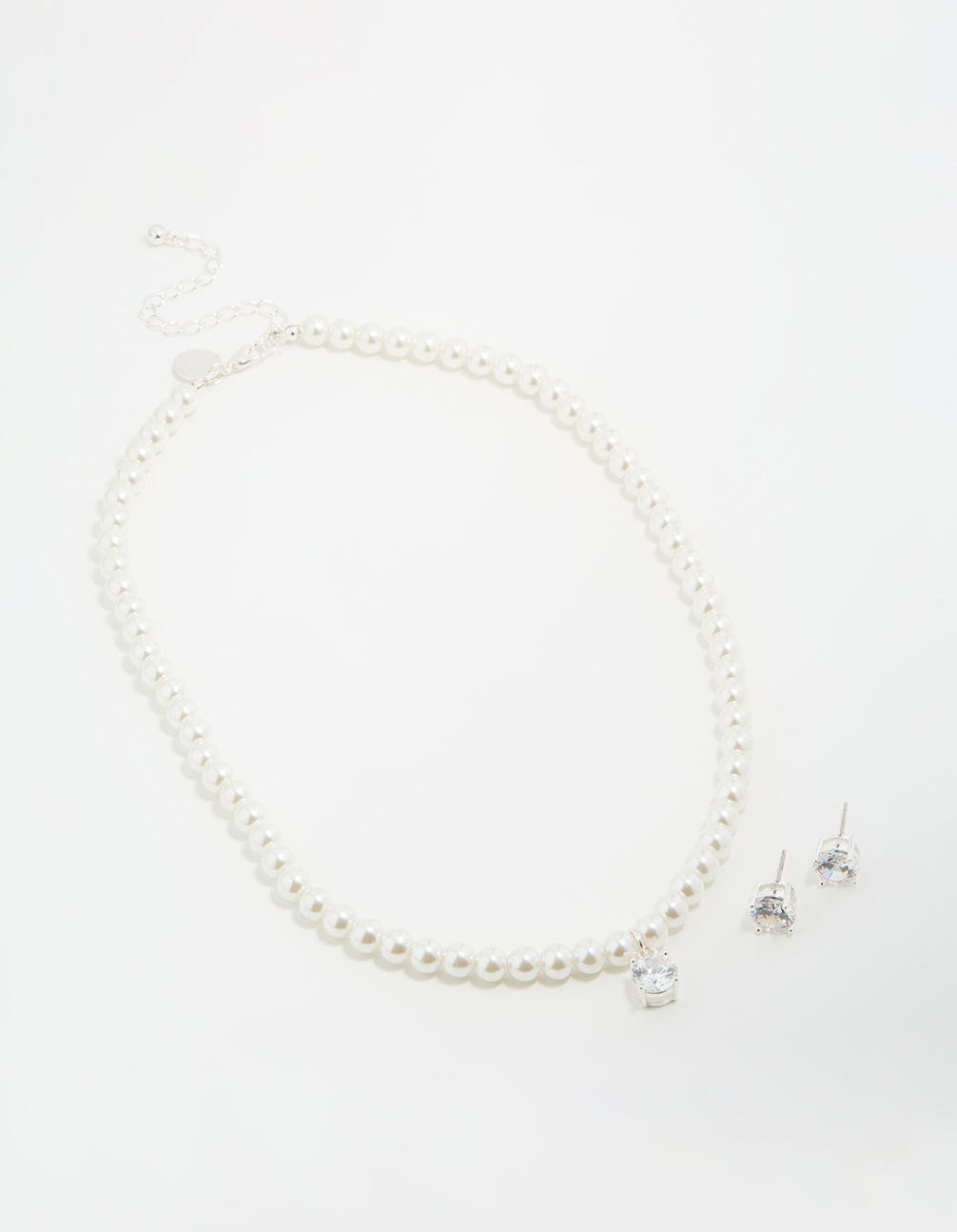 Silver Plated Pearl Cubic Zirconia Necklace & Earrings Set