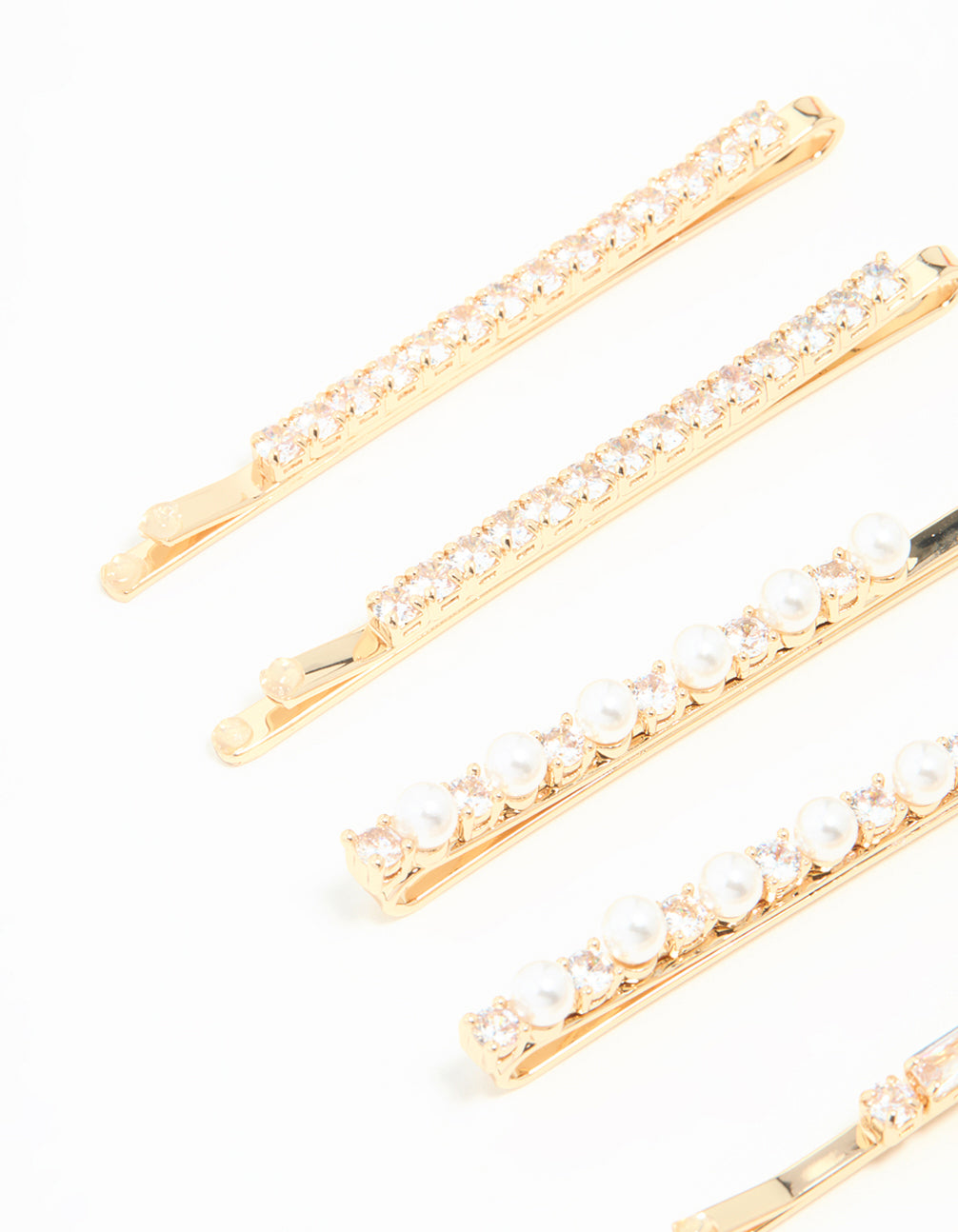 Beautifully crafted gold cubic zirconia and pearl hair clips in a 6-pack side view