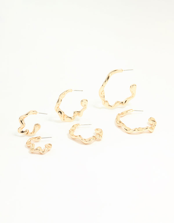 Gold Graduating Wavy Hoop Earrings 3-Pack