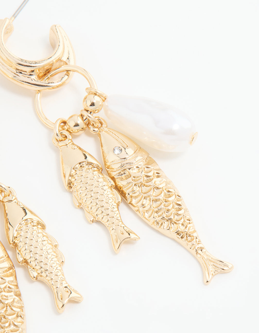 Gold Pearl Fish Charm Hoop Earrings