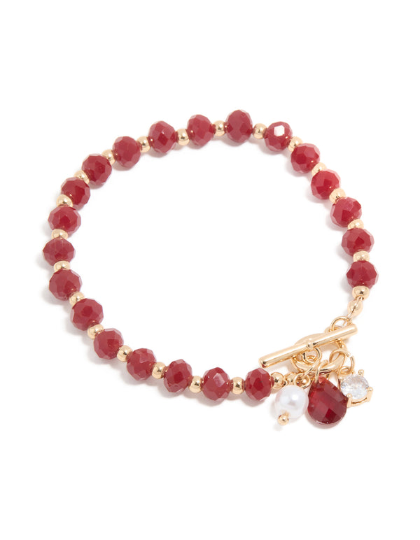 Gold Pearl & Pink Diamante Charm Bracelet