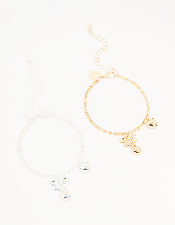 Mixed Metals Bow & Heart Bracelets 2-Pack
