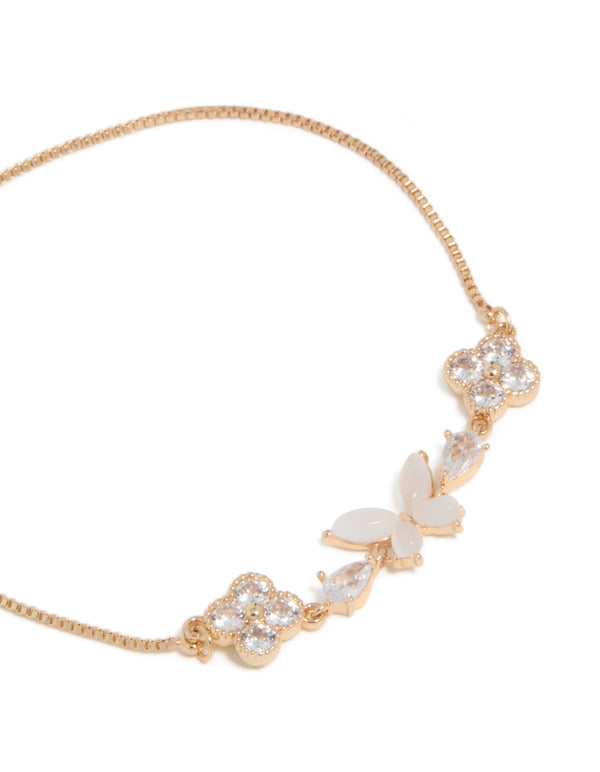 Gold Cubic Zirconia Butterfly & Flower Toggle Bracelet