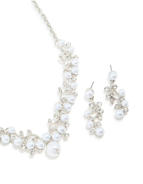 Silver Cubic Zirconia Pearl Vine Necklace & Earrings Set