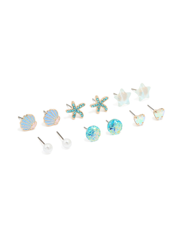 Kids Glitter Gold Sea & Starfish Stud Earrings 6-Pack