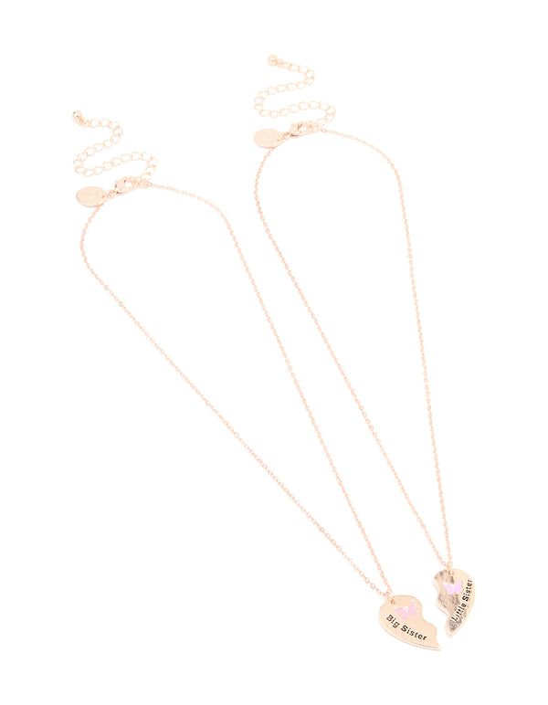 Kids Rose Gold Butterfly Heart Big & Little Sister Necklaces 2-Pack