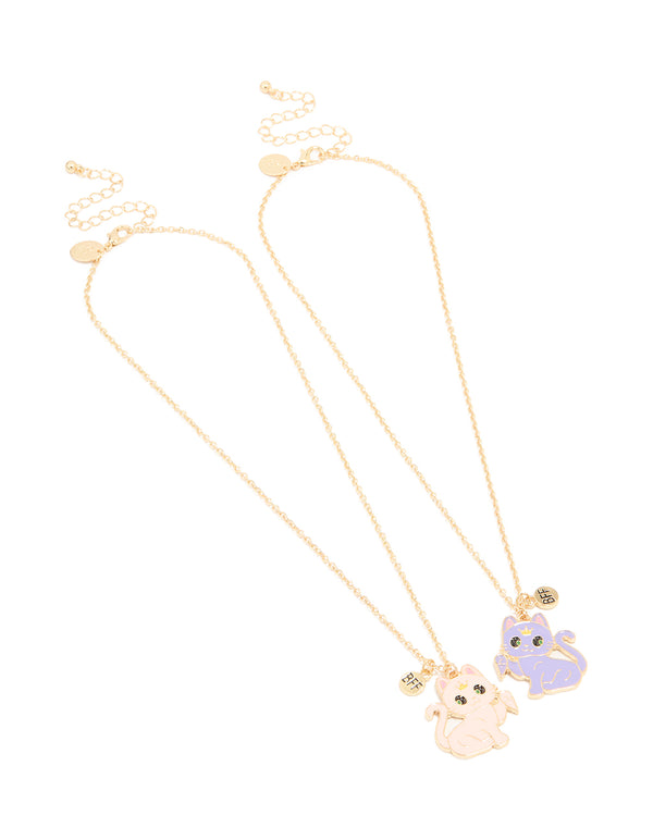 Kids Gold Paw Heart Cat BFF Pendant Necklaces 2-Pack