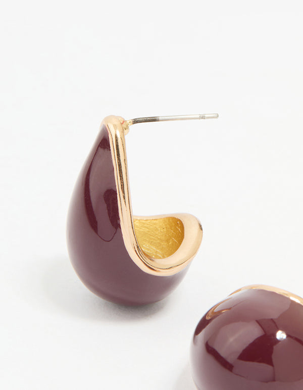 Gold Red Enamel Chunky Teardrop Hoop Earrings