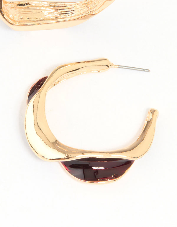 Gold Red Enamel Organic Hoop Earrings