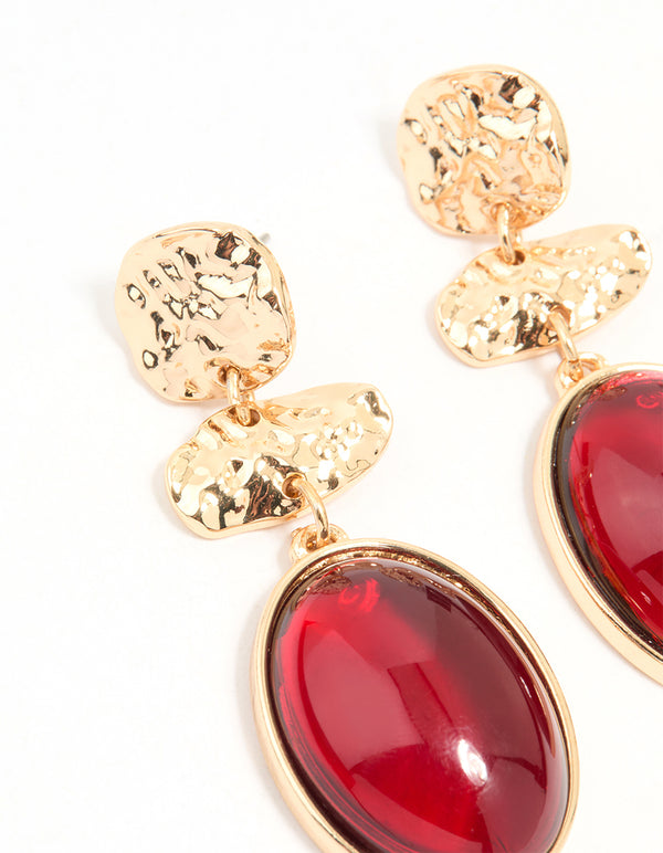 Gold Red Stone Molten Triangular Round Drop Earrings