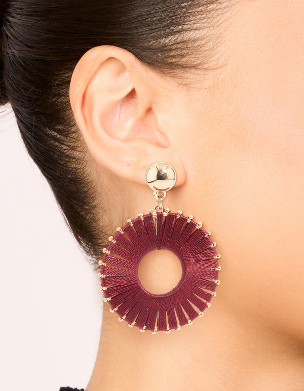 Gold Red Threaded Wheel Drop Earrings