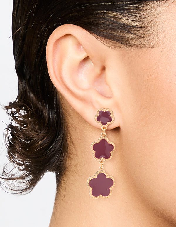 Gold Red Flower Drop Earrings