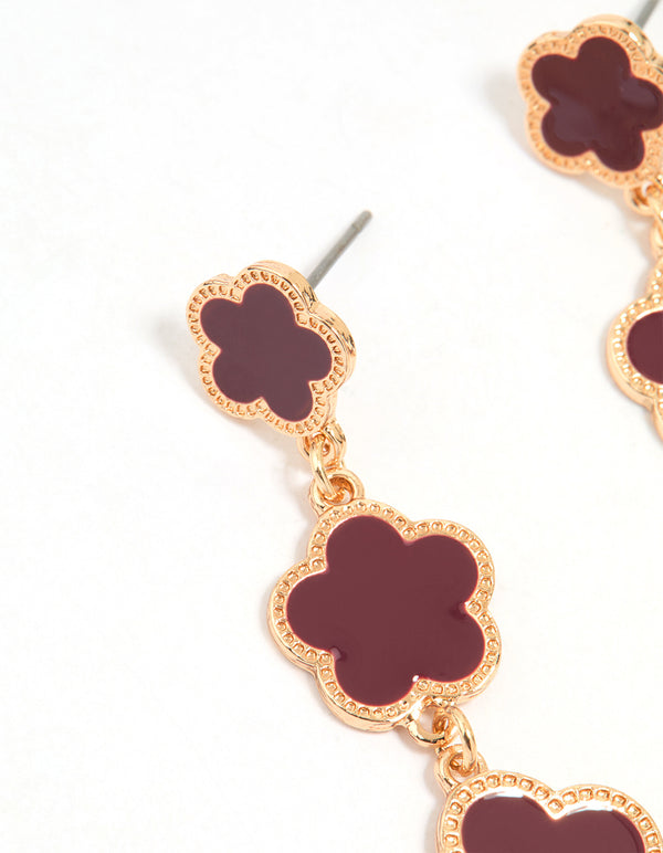 Gold Red Flower Drop Earrings