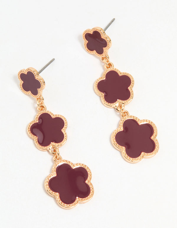 Gold Red Flower Drop Earrings