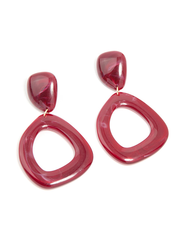 Red Acrylic Organic Open Square Oval Drop Earrings