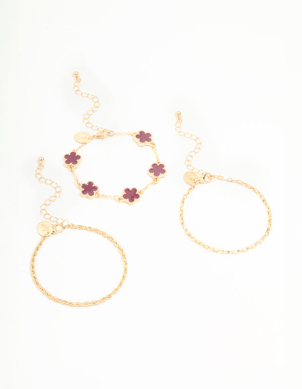 Gold Chain & Red Flower Bracelets 3-Pack