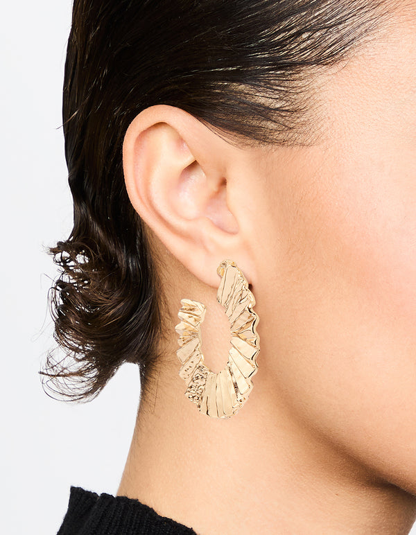Gold Flat Crinkle Hoop Earrings