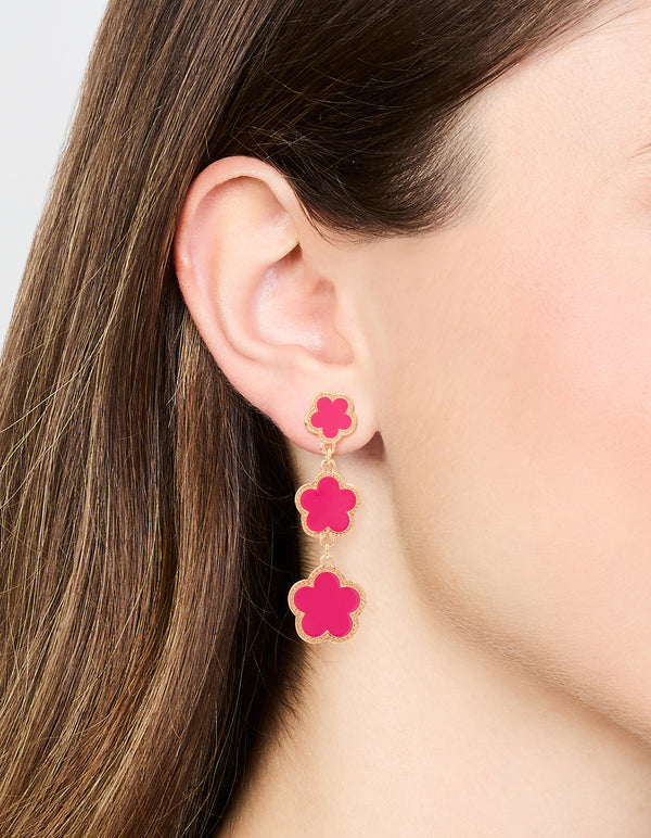Gold Pink Triple Flower Drop Earrings