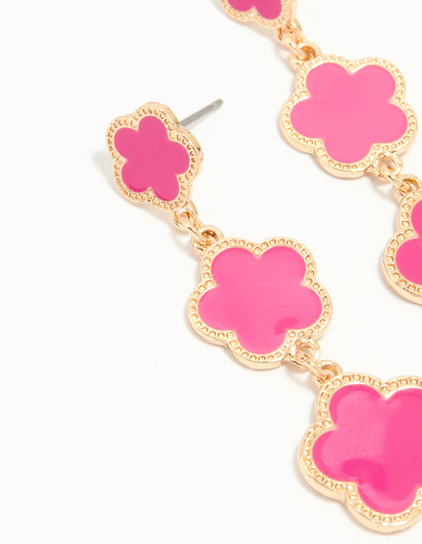 Gold Pink Triple Flower Drop Earrings
