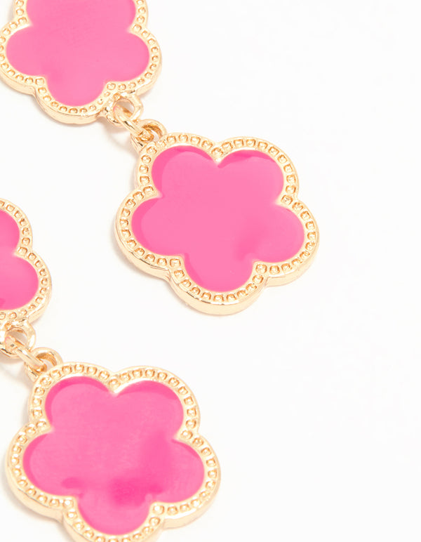 Gold Pink Triple Flower Drop Earrings