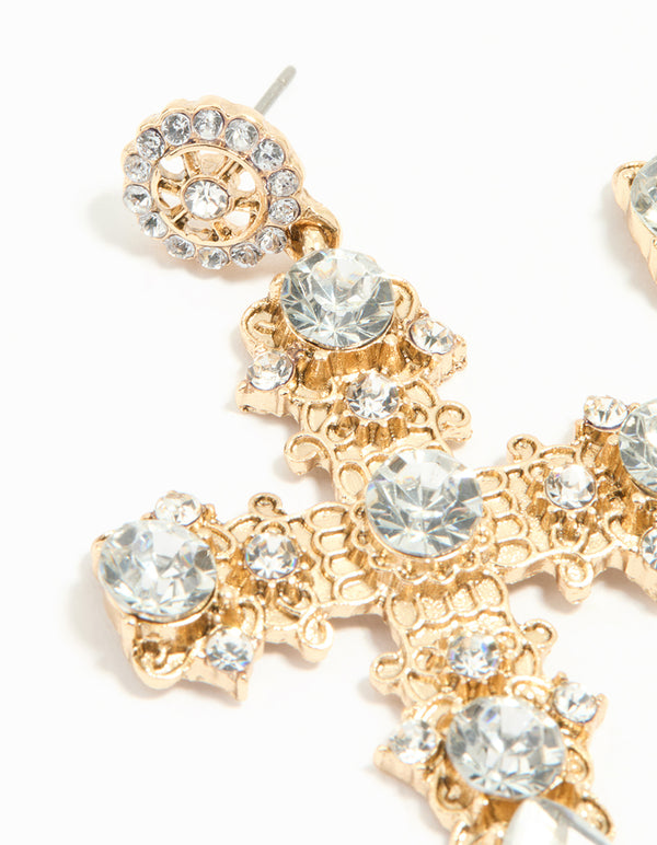 Antique Gold Diamante Statement Cross Drop Earrings