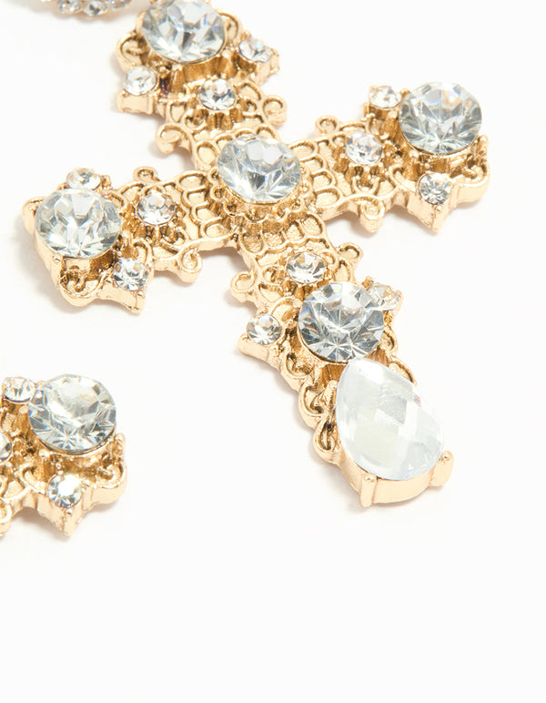 Antique Gold Diamante Statement Cross Drop Earrings