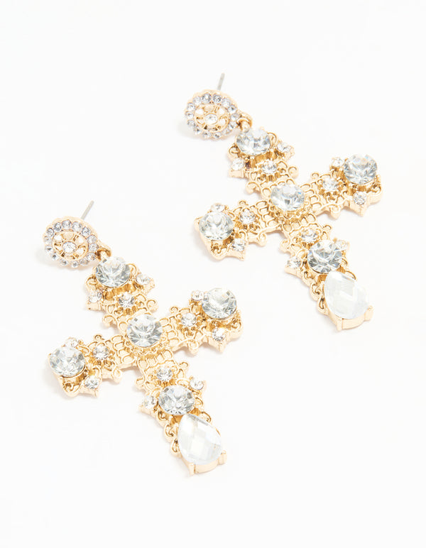Antique Gold Diamante Statement Cross Drop Earrings
