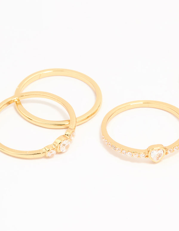 Gold Plated Cubic Zirconia Plain & Heart Stacking Rings 5-Pack