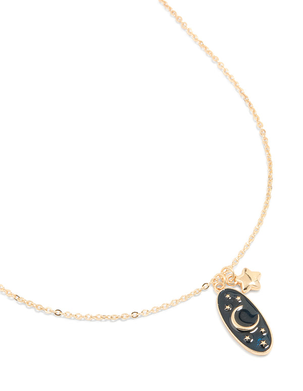 Gold Dark Blue Enamel Moon & Star Necklace